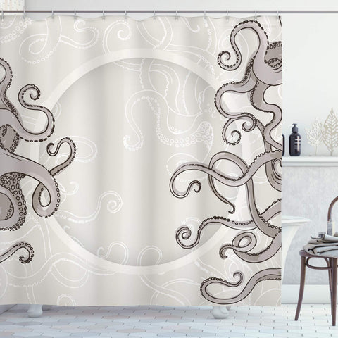 Ambesonne Kraken Shower Curtain, Fish Octopus Tentacles with a Circular Shape Surreal Universe Treasure Beast Graphic, Cloth Fabric Bathroom Decor Set with Hooks, 84" Long Extra, Dust Taupe
