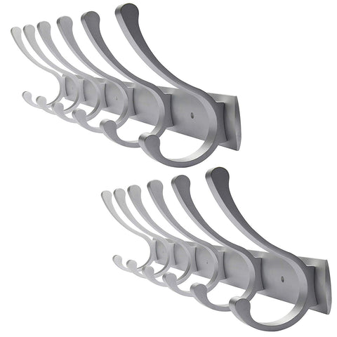 WEBI Wall Mounted Coat Rack Hook - Double Prong Robe Hooks Metal Decorative Hook Rail - Heavy Duty Wall Hooks for Bathroom Kitchen Office Entryway Hallway,6 Hooks,Satin Nickel,2 Packs