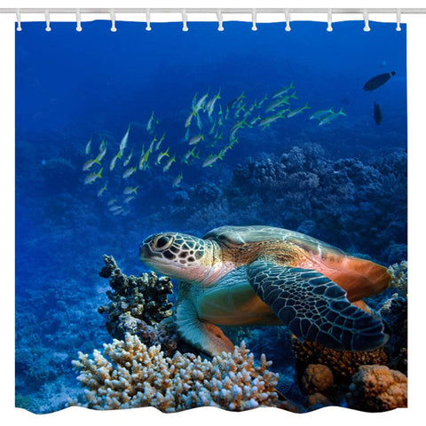 BROSHAN Ocean Turtle Shower Curtain Fabric, Sea Animal Fish Colorful Coral Reefs in Under The Sea Bath Curtain, Blue Ocean Polyester Waterproof Bathroom Decor Set with Hooks, 72x72 Inch