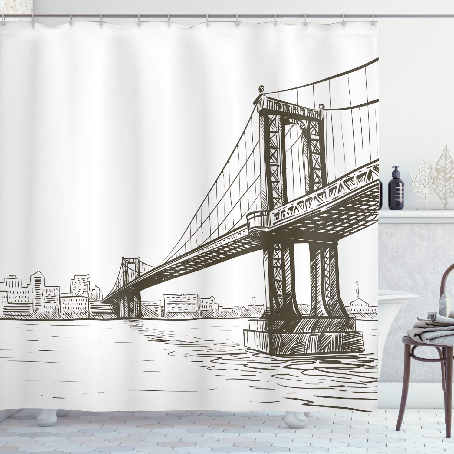 Ambesonne New York Shower Curtain, Digital Drawn Brooklyn Bridge Unusual Graffiti Style Old Urban Cityscape Print, Cloth Fabric Bathroom Decor Set with Hooks, 75" Long, Brown White
