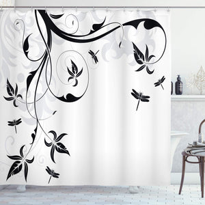 Ambesonne Dragonfly Shower Curtain, Swirled Floral Background with Damask Curl Branches and Leaves Print, Fabric Bathroom Decor Set with Hooks, 70 inches, Light Grey