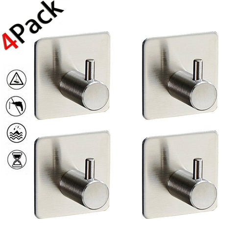YOLOPLUS 4 Pack Towel Hooks/Bathroom Hook - 3M Self Adhesive Hooks Office Hooks Hanging Keys for Kitchen Stick on Wall Stainless Steel for Hanging for Robe, Coat, Towel, Keys, Bags, Home, Kitchen