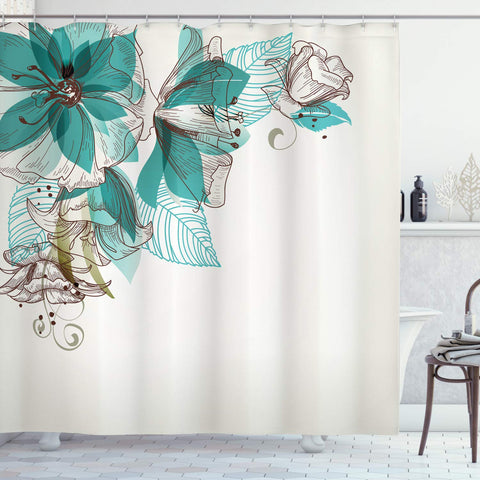 Ambesonne Turquoise Decor Collection, Flowers Buds Leaf at the Top Left Corner Retro Art Festive Season Celebration Design, Polyester Fabric Bathroom Shower Curtain Set with Hooks, Teal Brown