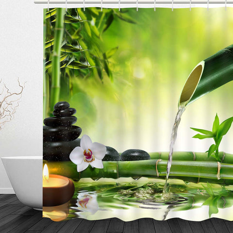 Bathroom Shower Curtain Bathroom Curtain Bamboo Water Zen Durable Fabric Bath Curtain Bathroom Accessories Ideas Kitchen Window Curtain with 12 Hooks (Zen Jasmine Bamboo 2, 72" L × 69" W)