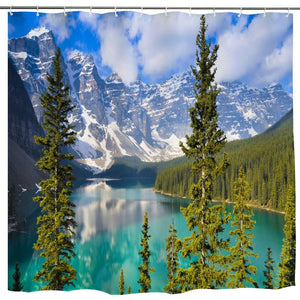 BROSHAN Mountain Scene Fabric Shower Curtain, Nature Mountain Lake Pine Trees Forest Landscape Art Print Polyester Blue Green Waterproof Bath Curtain with Hooks,72 x72 Inch,