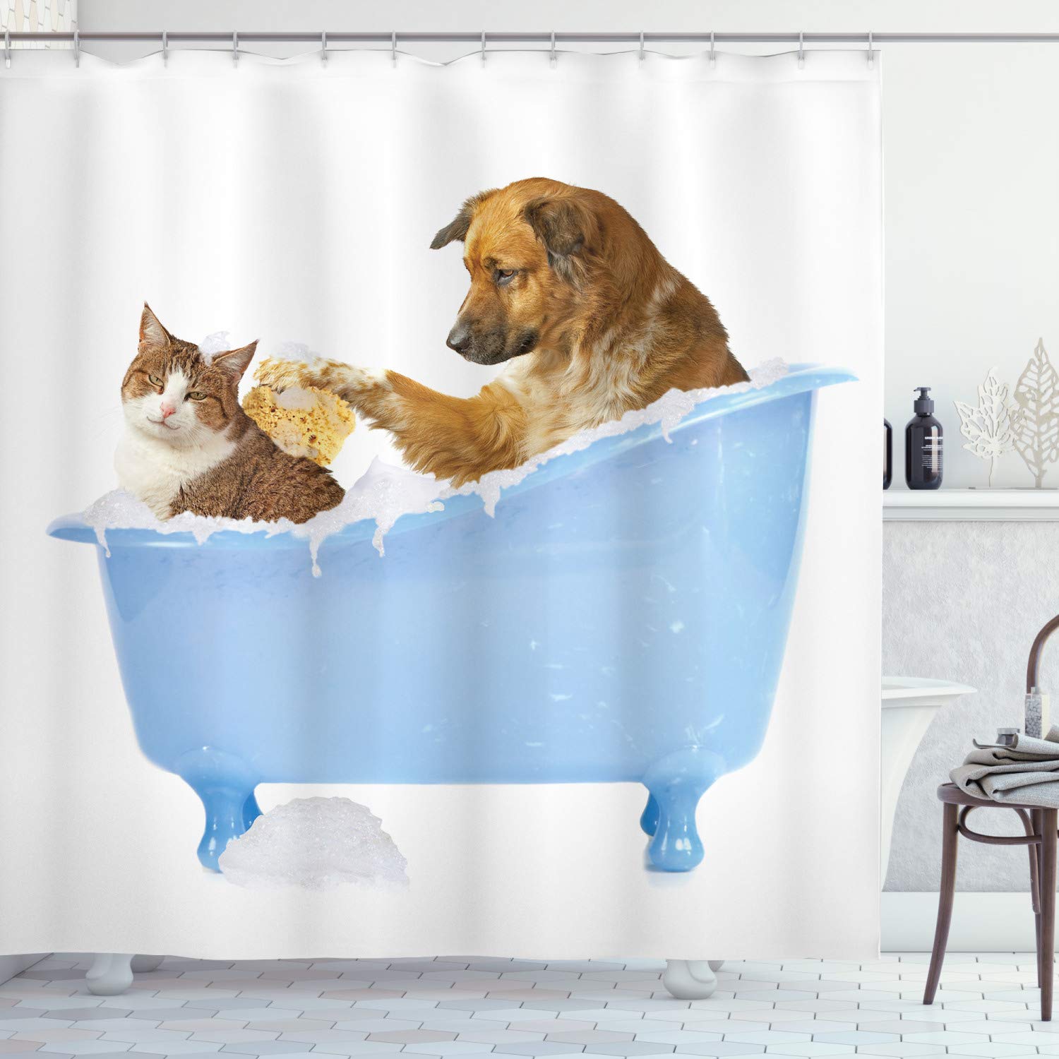 Ambesonne Cat Shower Curtain, Dog Kitty in The Bathtub Together Bubbles Shampooing Having Shower Fun Print, Cloth Fabric Bathroom Decor Set with Hooks, 70" Long, White Blue