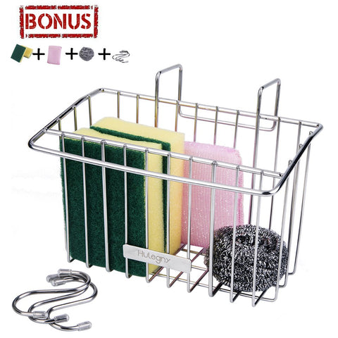 Sponge Holder - Hulegny Sink Organizer Kitchen Caddy Sink Caddie Stainless Steel Holder Dishwashing Liquid Drainer Rack for Sink Countertop Storage with Sponge and Hooks (A(Hook Deisgn))