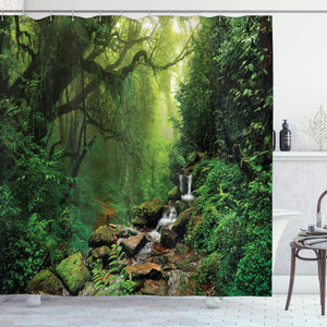 Ambesonne Rainforest Shower Curtain, Forest in Nepal Footpath Wildlife Spring Plant and Stones Moisture Water Print, Cloth Fabric Bathroom Decor Set with Hooks, 75" Long, Green Brown