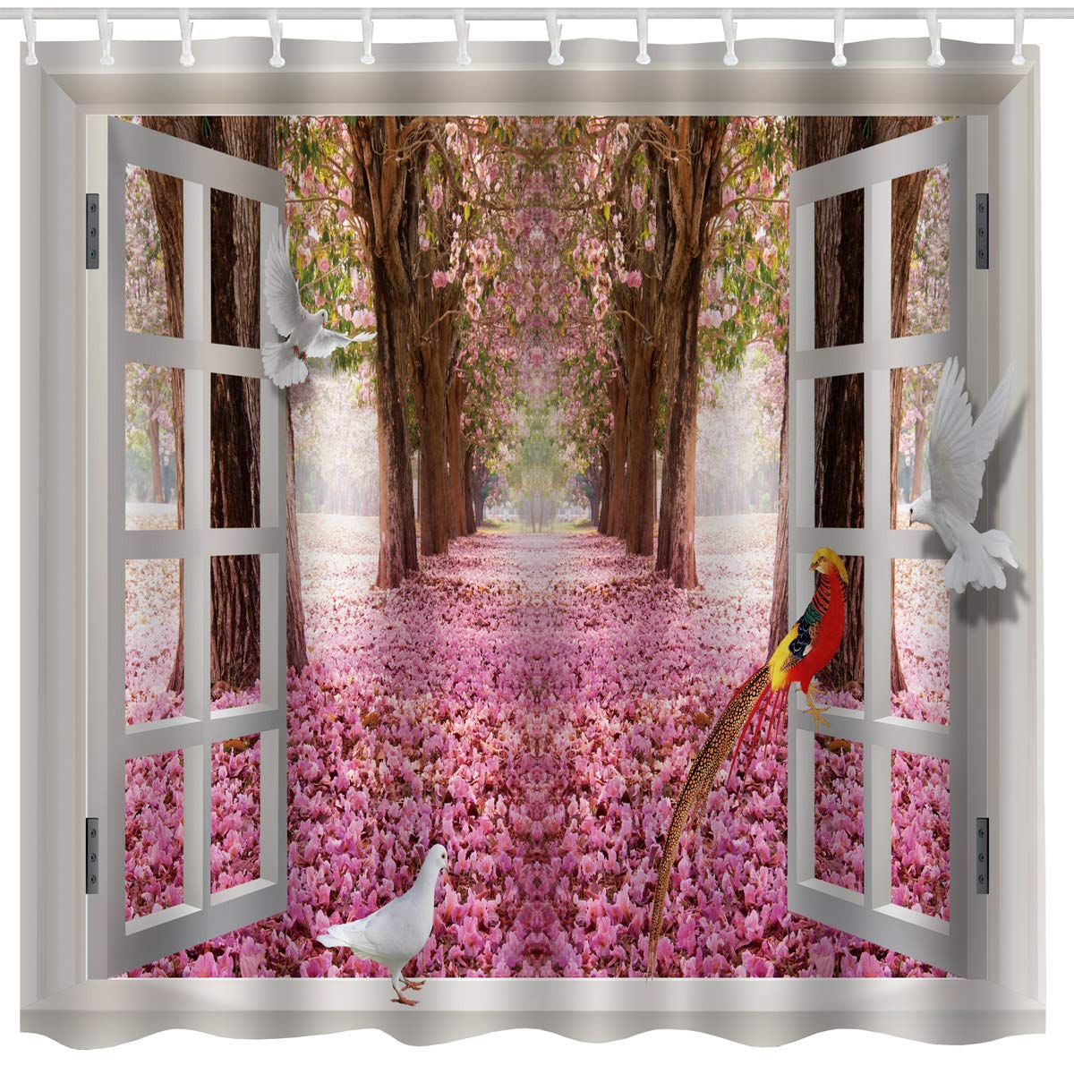 Nature Flower House Decor Shower Curtain Fabric,Cherry Blossom Floral Country Romantic Spring Tree Window Art Print,Waterproof Fabric Decorative Bathroom Decor with Hooks,72x72 Inch,Pink,White, Brown