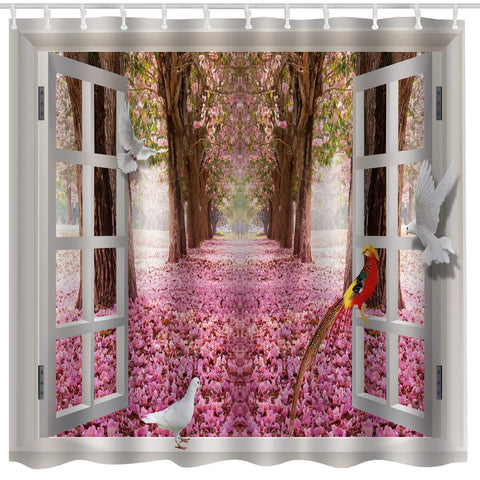 Nature Flower House Decor Shower Curtain Fabric,Cherry Blossom Floral Country Romantic Spring Tree Window Art Print,Waterproof Fabric Decorative Bathroom Decor with Hooks,72x72 Inch,Pink,White, Brown