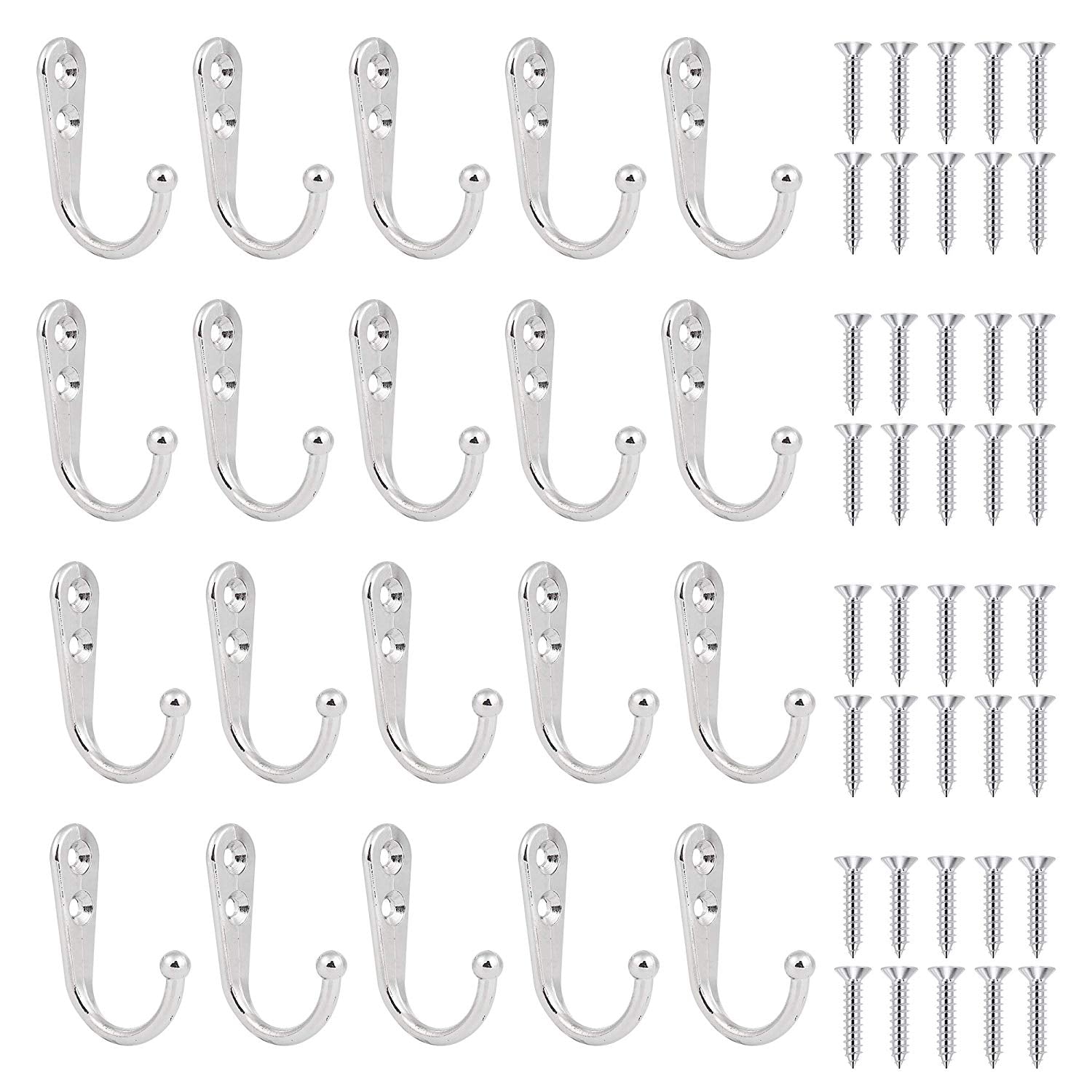 Maosifang 20 Pieces Wall Mounted Hooks Single Robe Hooks Coat Hanger with 40 Pieces Screws,Silver