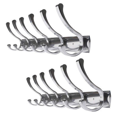 WEBI Wall Mounted Coat Rack Hook - 23-5/8'' Double Prong Robe Hooks Metal Decorative Hook Rail - Heavy Duty Wall Hooks for Bathroom Kitchen Office Entryway Hallway,Polished Finish,6 Hooks,2 Packs