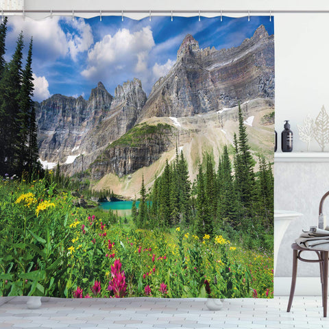 Lunarable Nature Shower Curtain, North Montana Mountains with a Creek Meadow Spring Rural Lake Pine Trees Scenery, Cloth Fabric Bathroom Decor Set with Hooks, 70" Long, Blue Grey