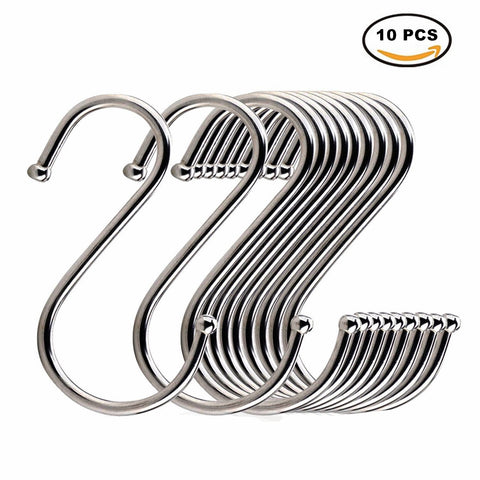 Floette 10 PCS S Shaped Hooks, Stainless Steel S Hook, Pot Rack hooks, Pot Hanger for Kitchen, Bedroom and Office (Large)