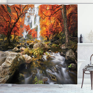 Ambesonne Forest Shower Curtain Trees Decor Scenic Thai Waterfall and River Park in the Autumn, Polyester Fabric Bathroom Set with Hooks