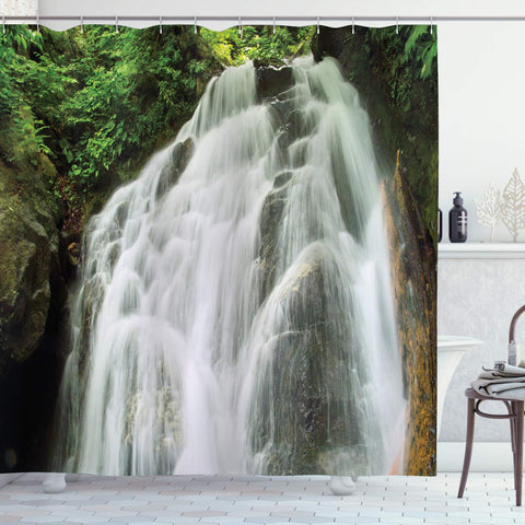 Ambesonne Waterfall Decor Collection, Surprise Waterfall in Jungle Shrubs Water Splashes Pattern, Polyester Fabric Bathroom Shower Curtain Set with Hooks, 75 Inches Long, White Green