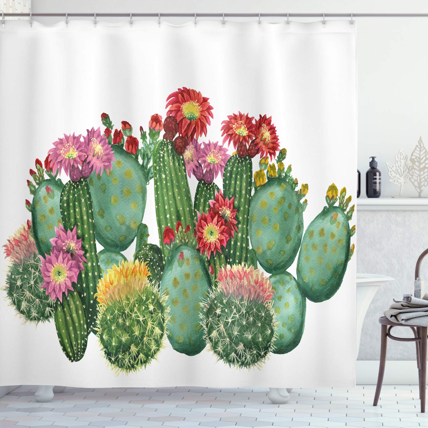 Ambesonne Cactus Shower Curtain, Saguaro Cask Hedge Hog Prickly Pear Opuntia Tropical Botany Garden Plants Print, Cloth Fabric Bathroom Decor Set with Hooks, 75" Long, Multicolor