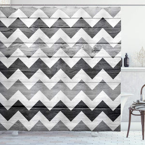 Ambesonne Geometric Illustration Decorations Collection, Chevron Pattern on Wood Background Design, Polyester Fabric Bathroom Shower Curtain Set with Hooks, 75 Inches Long, Black Grey WhiteSmoke