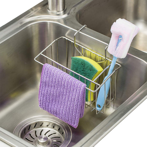Sponge Holder for Kitchen Sink. WORTOOL - Stainless Steel Sink Caddy Kitchen Sponge Holder Brush Soap Dishwashing Liquid Drain Rack.