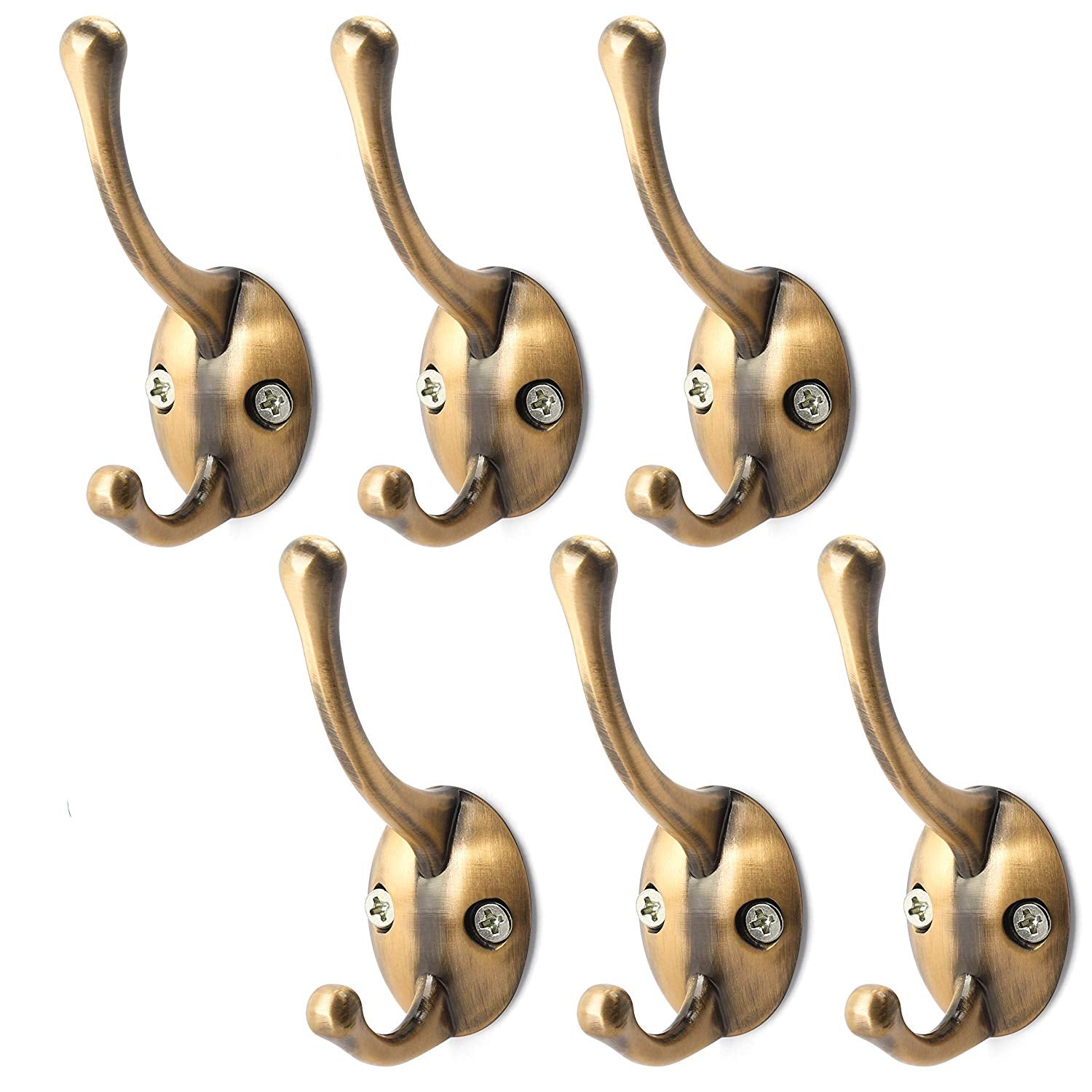 WEBI 6 Set Metal Double Prong Coat Hat Hook Bath Towel Closet Clothes Hanger Rail Garment Rack Holder, Wall Mount Entryway Kitchen Home Office Storage, Zinc Alloy/Antique Brass YDQG6