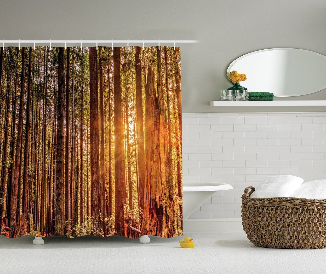 Ambesonne USA National Park Decor Collection, Tall Trees Redwoods Forestry and Sunshine Picture Print, Polyester Fabric Bathroom Shower Curtain Set with Hooks, Green Orange Brown