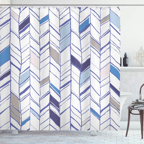Ambesonne Chevron Shower Curtain, Tribal Zigzag Lines Pattern in Various Shades Geometric Sketch, Cloth Fabric Bathroom Decor Set with Hooks, 75" Long, Taupe White