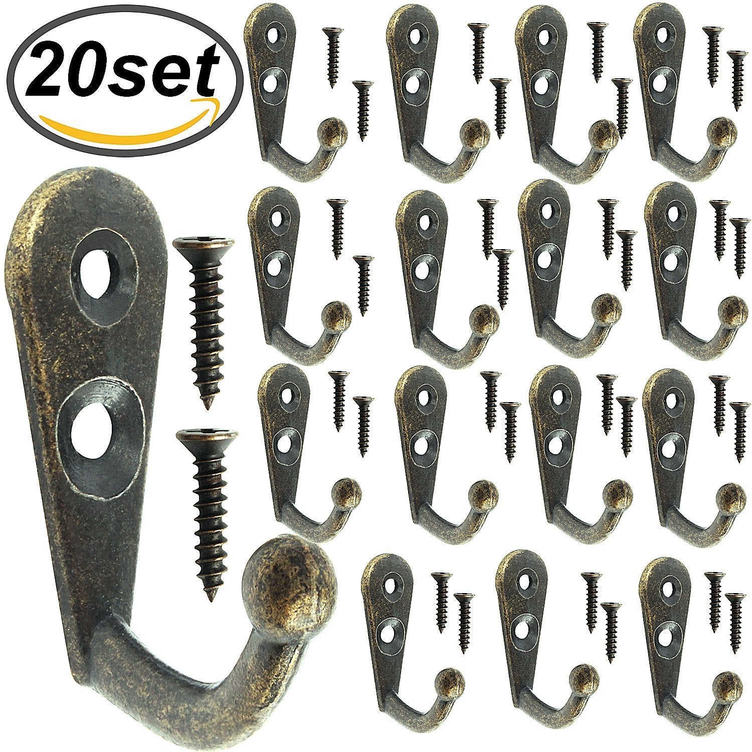 Coat Hooks, Antique Hooks Hanger, Zeeneek Rustic Wall Mounted Closet Hooks with Screws for Clothes Coat Hat Bags Towel Key 20PCS
