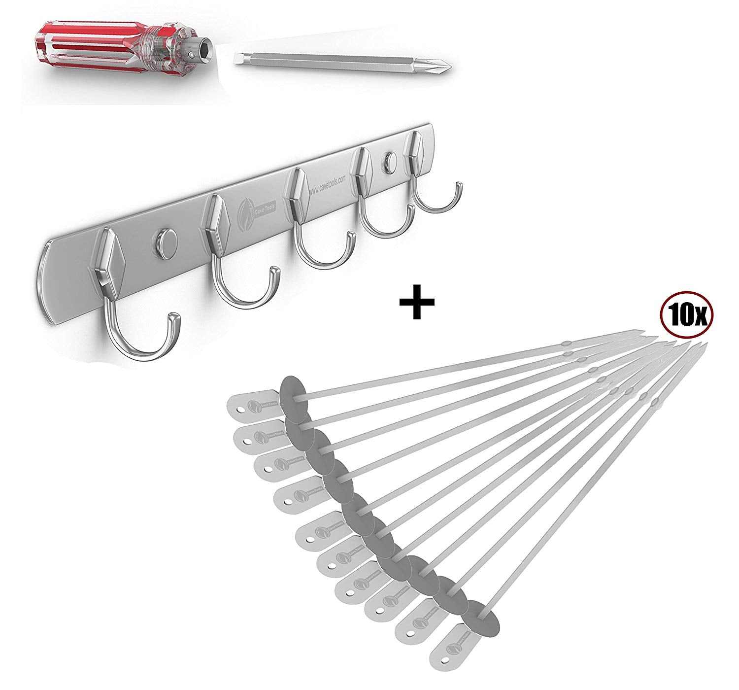 Hook Rack for BBQ Utensils + Barbecue Skewers Set - Stainless Steel Wide Kabob Sticks - 10 Inch Flat Metal Shish Kabab with Food Remover Disc Grilling