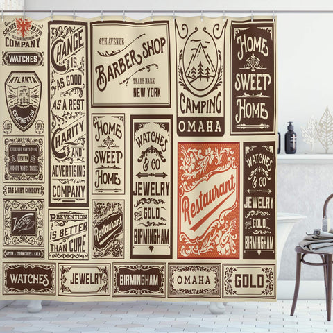 Ambesonne Antique Shower Curtain, Composition of Old Advertisement Designs Newspaper Nostalgia Illustration, Cloth Fabric Bathroom Decor Set with Hooks, 70" Long, Brown Orange