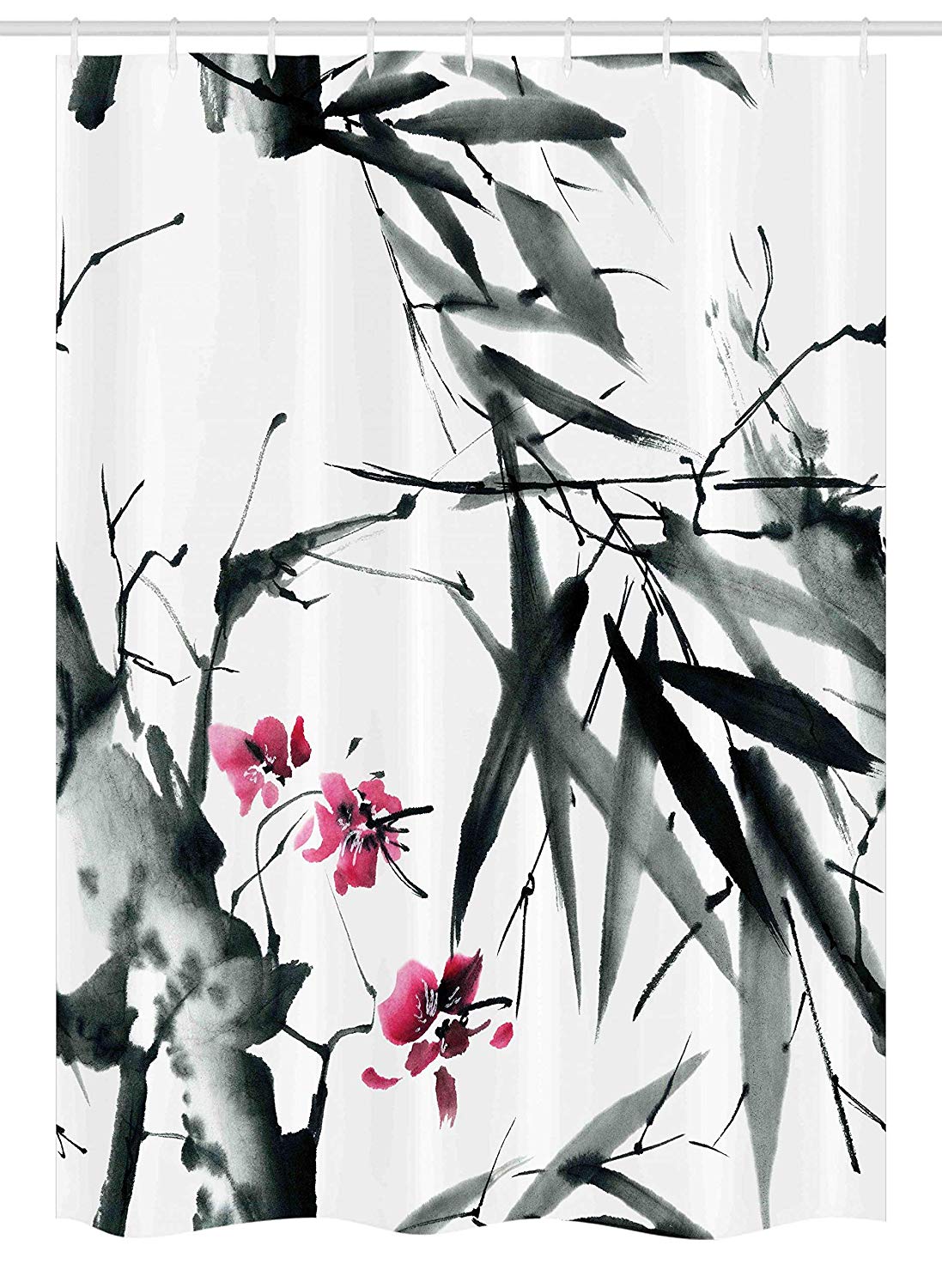 Ambesonne Japanese Stall Shower Curtain, Natural Bamboo Stems Cherry Blossom Japanese Inspired Folk Print, Fabric Bathroom Decor Set with Hooks, 54" X 78", Dark Green Fuchsia