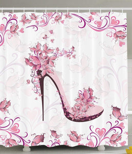 Ambesonne Pink and Purple Women Shoes with Roses and Hearts and Flying Butterflies, Polyester Fabric Bathroom Shower Curtain Set with Hooks