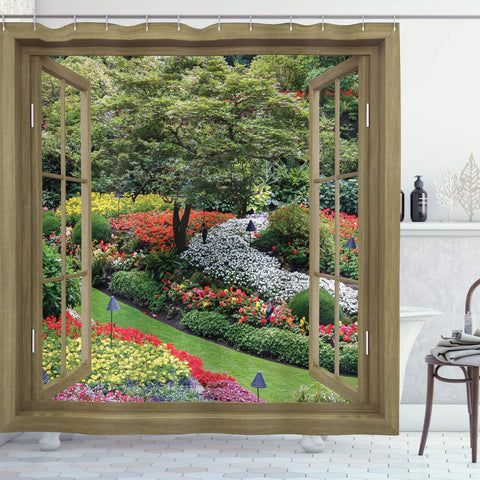 Ambesonne Bath Decorations Collection, Japanese Garden with Flowers Plants and Grass Panoramic Picture Through Rustic Wooden Windows, Bathroom Set with Hooks, Fabric Shower Curtain, Walnut Green Pink