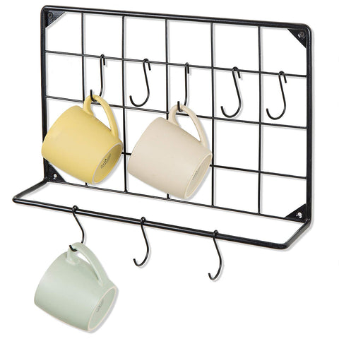 MyGift Wall-Mounted Black Metal Kitchen Mug & Utensil Organizer Rack with 8 S-Hooks