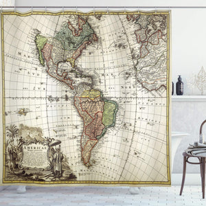 Ambesonne Wanderlust Decor Collection, Old Map Europe North South America Canada Medieval Atlantic Heritage Travel Image, Polyester Fabric Bathroom Shower Curtain Set with Hooks, Ivory Olive