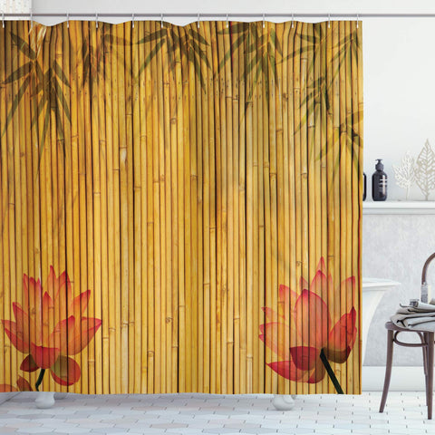 Ambesonne Bamboo House Decor Collection, Lined Up Bamboo Stems and Flower Silhouettes Shadow Eastern Tropical Exotic Image, Polyester Fabric Bathroom Shower Curtain Set with Hooks, Red Cream