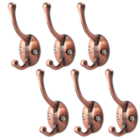 WEBI 6 Set Metal Double Prong Coat Hat Hook Bath Towel Clothes Hanger Rail Garment, Wall Mount Entryway Kitchen Home Office Garage Organizer Storage, Zinc Alloy/Antique Copper