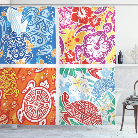 Lunarable Turtle Shower Curtain, Colorful Abstract Designs with Hawaiian Elements Hibiscus Marine Reptiles Flowers, Fabric Bathroom Decor Set with Hooks, 70 inches, Purple Orange