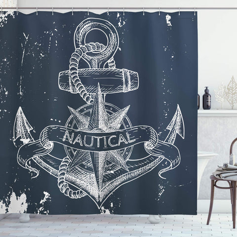Ambesonne Marine Shower Curtain, Nautical Knot Compass Anchor Pattern Sea World Ocean Life Grunge Illustration, Cloth Fabric Bathroom Decor Set with Hooks, 75" Long, Blue White