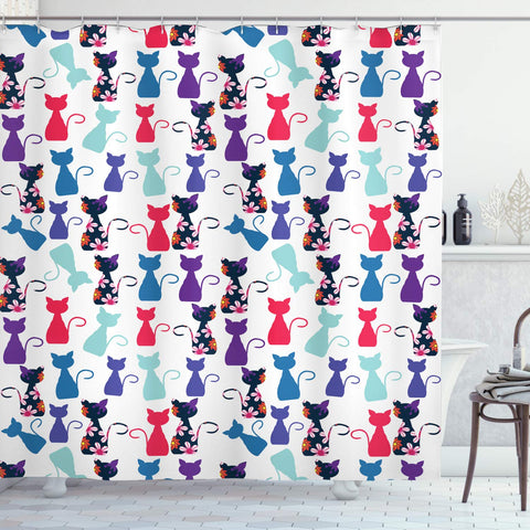 Ambesonne Cat Print Shower Curtain, Baby Animals in Colors with Flowers Funny Kittens Pattern Print, Cloth Fabric Bathroom Decor Set with Hooks, 70" Long, Royal Blue
