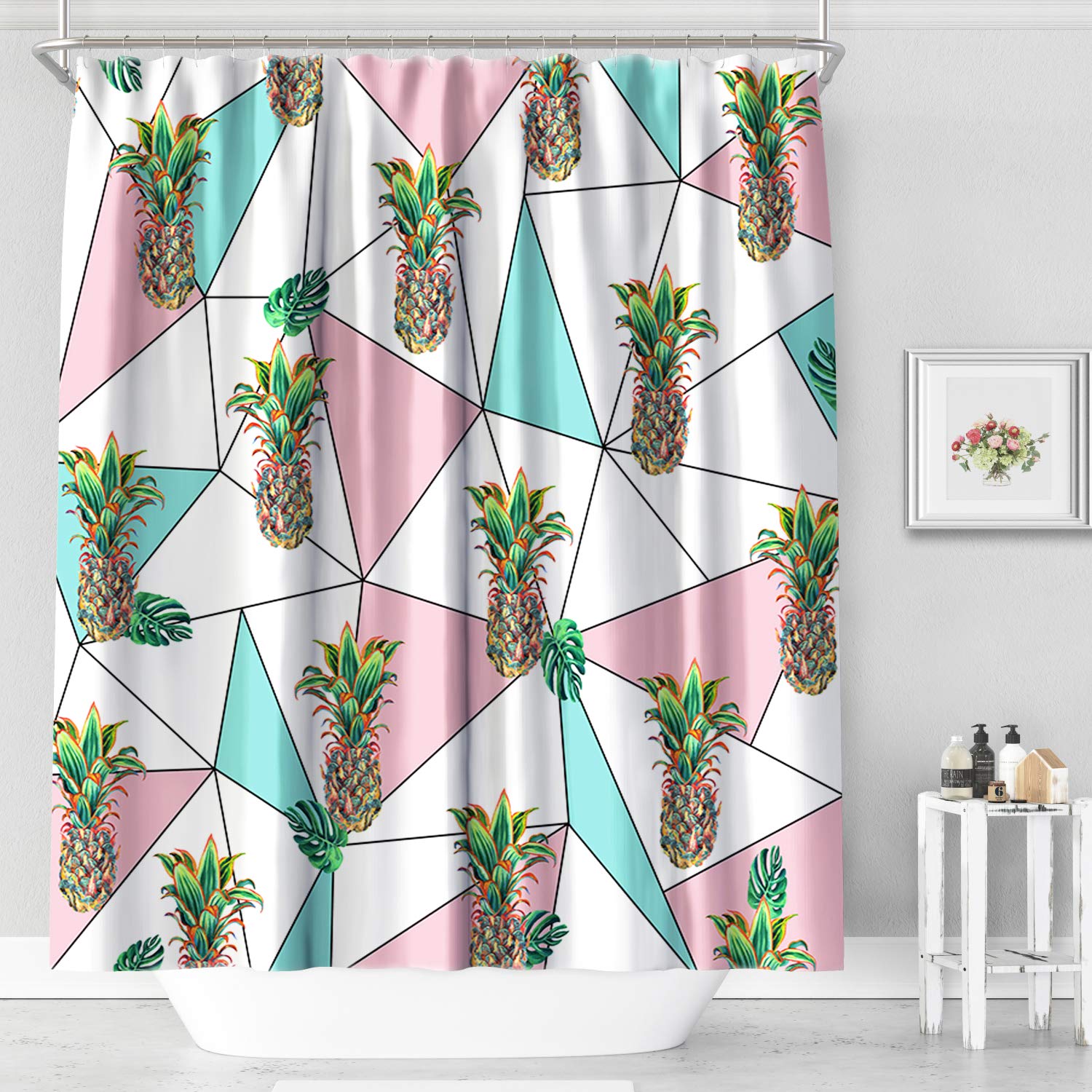 MACOFE Shower Curtain Fabric Shower Curtain Pineapple Shower Curtain Polyester Fabric, Waterproof, Machine Washable,Hooks Included,Bathroom Decor Original Design Hand Drawing,71x71in