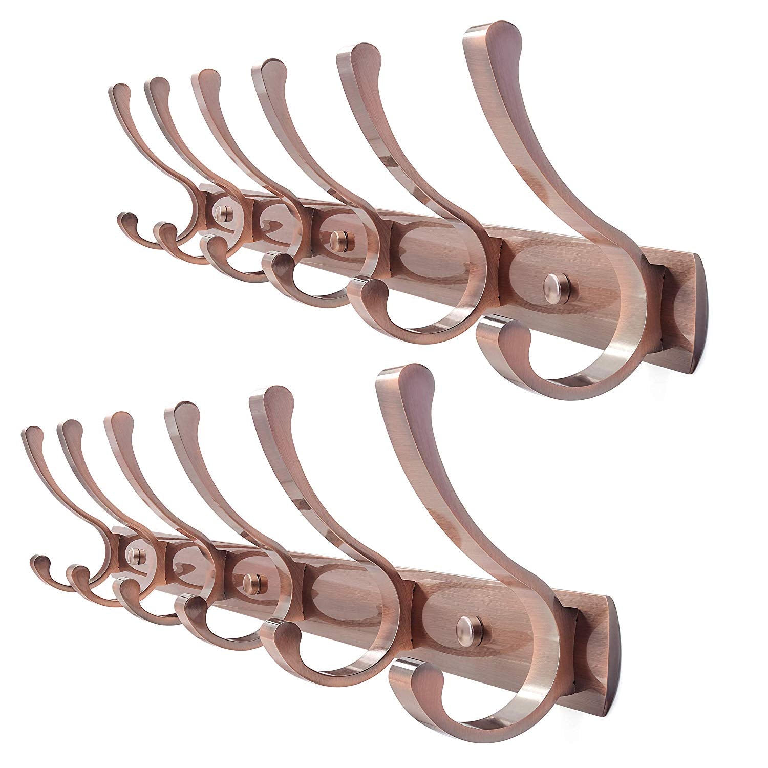 WEBI Wall Mounted Coat Rack Hook - Double Prong Robe Hooks Metal Decorative Hook Rail - Heavy Duty Wall Hooks for Bathroom Kitchen Office Entryway Hallway,6 Hooks,Antique Copper,2 Packs