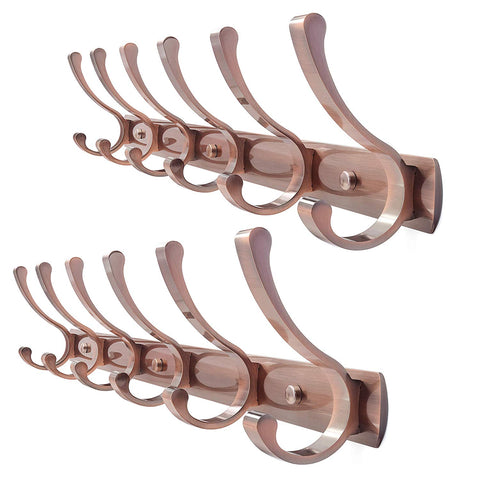 WEBI Wall Mounted Coat Rack Hook - Double Prong Robe Hooks Metal Decorative Hook Rail - Heavy Duty Wall Hooks for Bathroom Kitchen Office Entryway Hallway,6 Hooks,Antique Copper,2 Packs