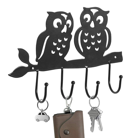 Decorative Owl Design Black Metal 4 Hook Coat Rack / Wall Mounted Hanging Storage Organizer - MyGiftÂ®