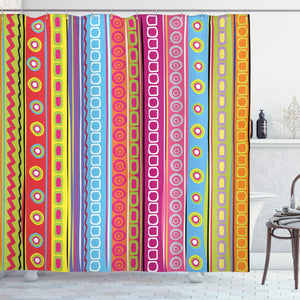 Ambesonne Striped Shower Curtain, Colorful Retro Stripes Circles Boho Pattern 90's Style Rainbow Art Print, Cloth Fabric Bathroom Decor Set with Hooks, 75" Long, Fuchsia Blue