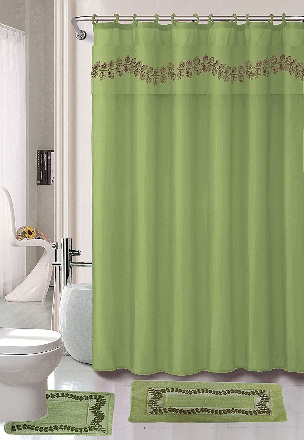 Nova Home Collection Non-Slip Safety Water Absorbent Soft 18 Pieces Bath Mat Floor Mat Set with Shower Curtain and Towel Set, Regular Package, Sage Green Color