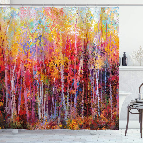 Ambesonne Nature Shower Curtain, Vibrant Nature Painting with Trees in The Autumn Forest Impressionistic Artwork, Cloth Fabric Bathroom Decor Set with Hooks, 70" Long, Orange Yellow