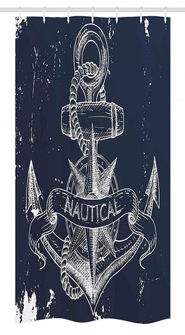 Ambesonne Marine Stall Shower Curtain, Nautical Knot Compass Anchor Pattern Sea World Ocean Life Grunge Illustration, Fabric Bathroom Decor Set with Hooks, 36" X 72", Blue White