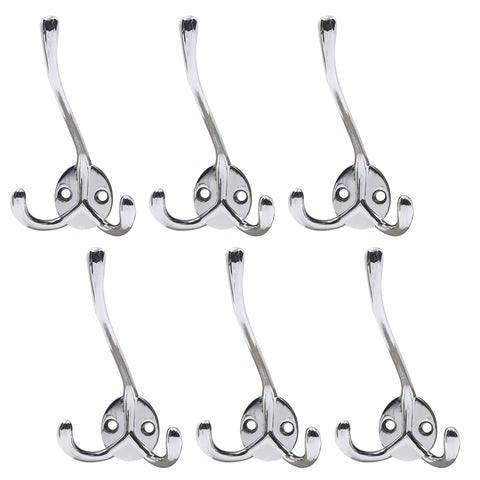 WEBI 6 Set Metal Triple 3 Arm Coat Hat Hook Bath Towel Closet Clothes Hanger Rail Garment Rack Holder, Wall Mount Entryway Kitchen Home Office Garage Organizer Storage, Zinc Alloy/Chrome Finish MGLG6