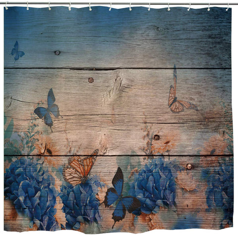 Flower Butterfly Shower Curtain, Vintage Monarch Butterfly Flower on Grunge Wooden Art Print, Rustic Waterproof Fabric Bathroom Decor Set with Hooks, 72 x 72