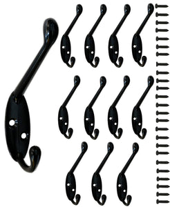 12 Pack Metal Decorative Dual Coat Hooks Wall Mounted Double Coat Hanger for Hat hardware Dual Prong Retro Coat Hanger with 26 Screws Black Color